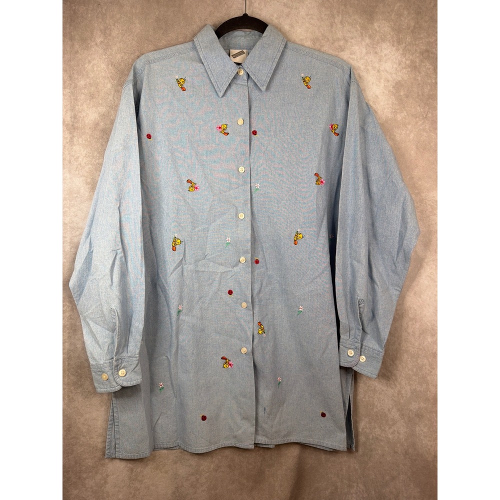 VTG 1999 Warner Bros Studio Store Tweety Bird Denim Shirt Womens Med Embroidered